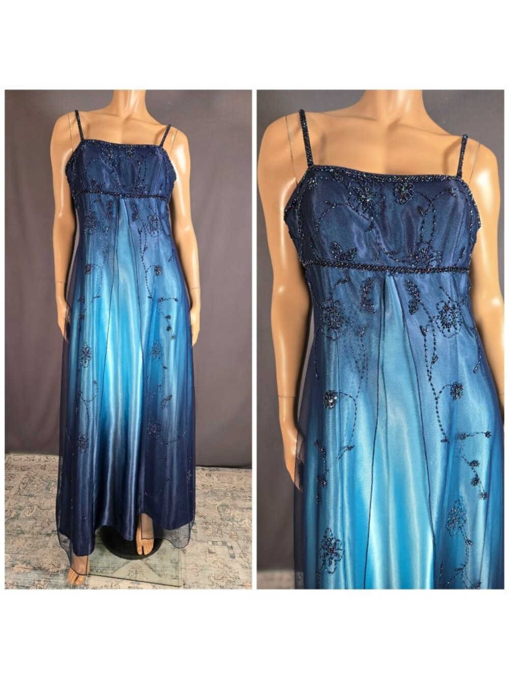 Vintage Blue Ombre Gothic Fairy Prom Party Dress Size L Beaded Mesh Overlay Maxi